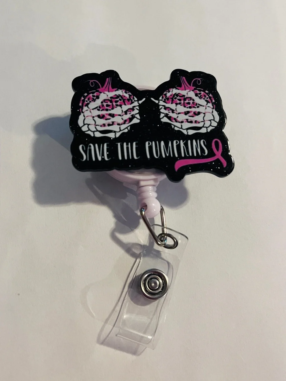 Save The Pumpkins Pink Ribbon Badge Reel